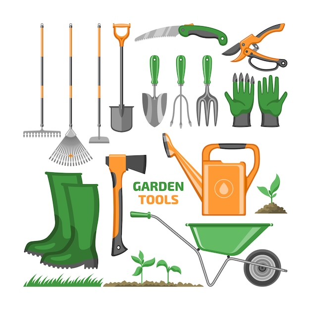 Vector garden tool gardening equipment rake shovel trowel and watering can of gardenerrmin farm