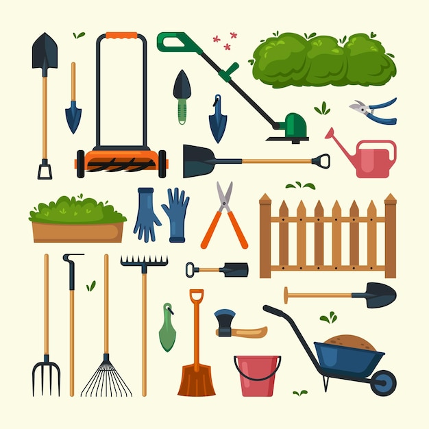 Garden tools grass care with industrial items shovel lawn mower rake scissors Vector cartoon illustrations set