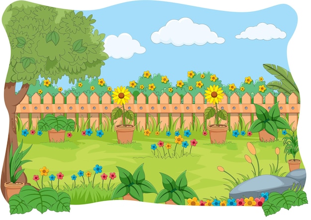 Vector garden with flower pots, trees and sky background vector