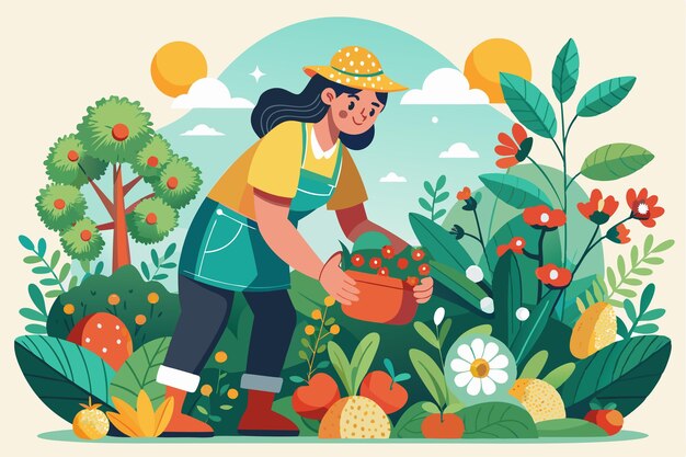 Vector a gardener carefully tends to fruit bushes and vibrant flowers enjoying a sunny day in a lush garden filled with greenery and blooming plants