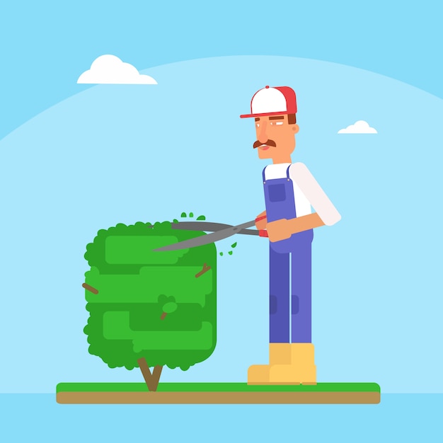 Gardener cutting tree cartoon vector illustration