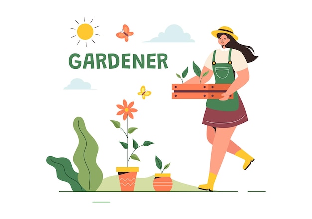 Vector gardener vector illustration with garden tools farming and growing vegetables in a botanical summer gardening flat style cartoon background