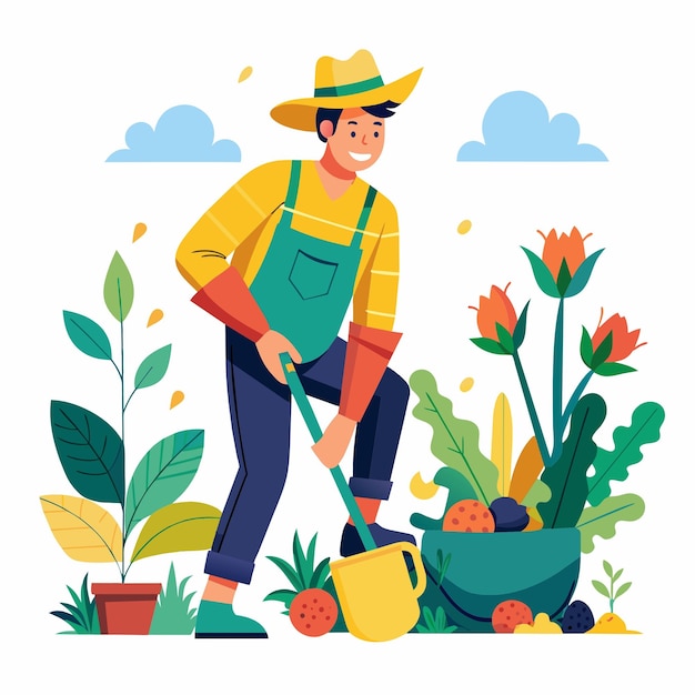 Vector gardener with watering can and flowers in the garden flat vector illustration