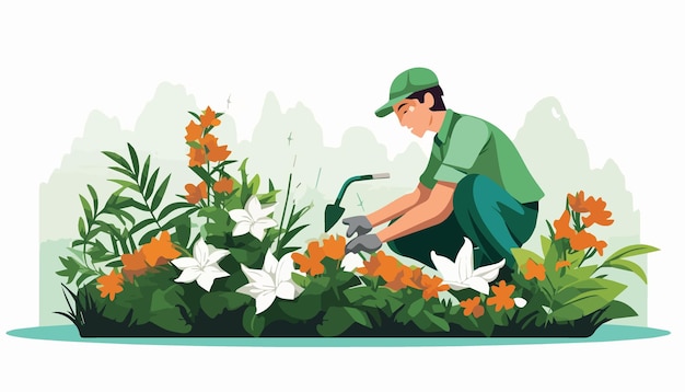 Vector gardener working in the garden gardening vector illustration