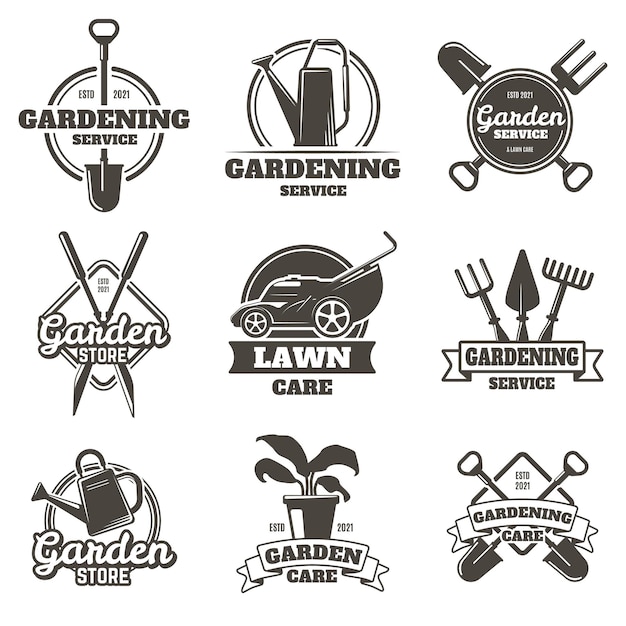 Vector gardening emblems. vintage gardening, lawn care, groundwork and landscaping badges. garden work labels isolated set.