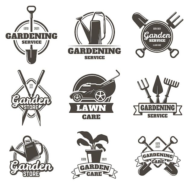 Gardening emblems. Vintage gardening, lawn care, groundwork and landscaping badges. Garden work labels isolated set.