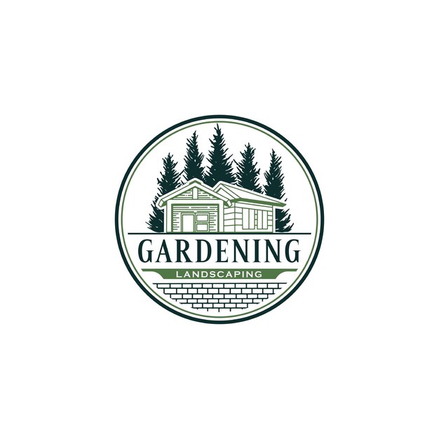 Gardening home landscape with pine trees logo design template