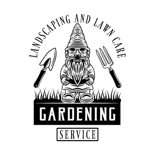 Gardening service vector vintage emblem badge label or logo with gnome statuette in monochrome style isolated on white background