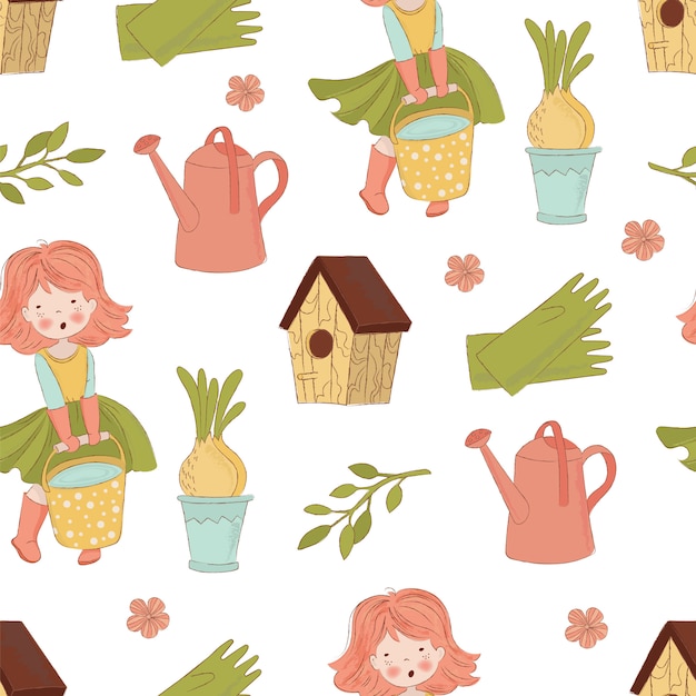 GARDENING Spring Work Seamless Pattern