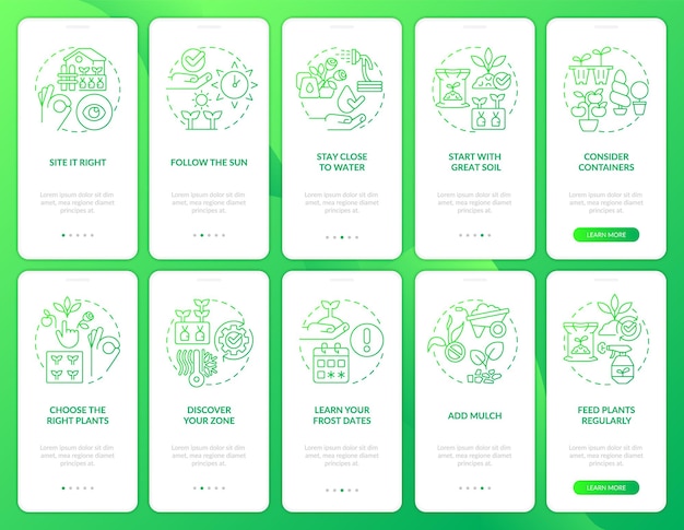 Gardening tips green gradient onboarding mobile app screen set