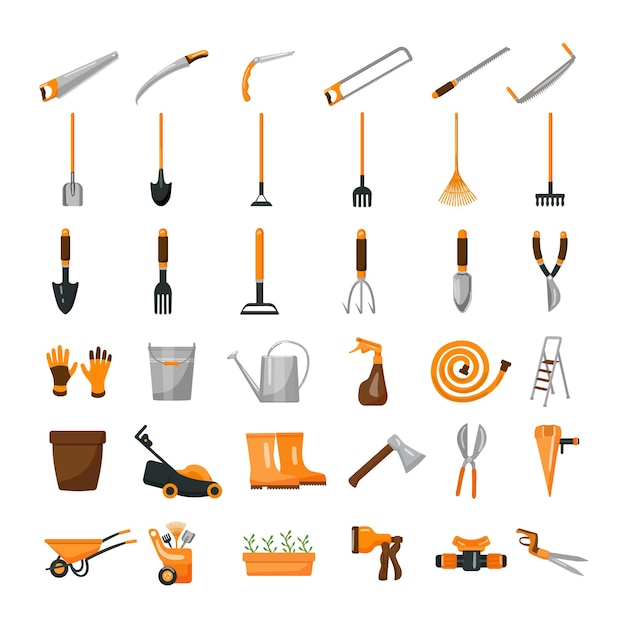 Gardening tools icons set cartoon vector Garden inventory