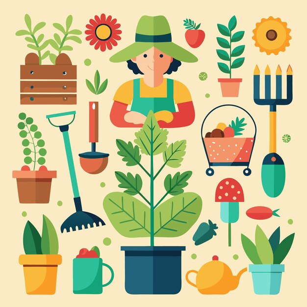 Vector gardening tools and plants for a beautiful garden