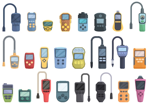 Gas detector icons set cartoon vector Meter monitor