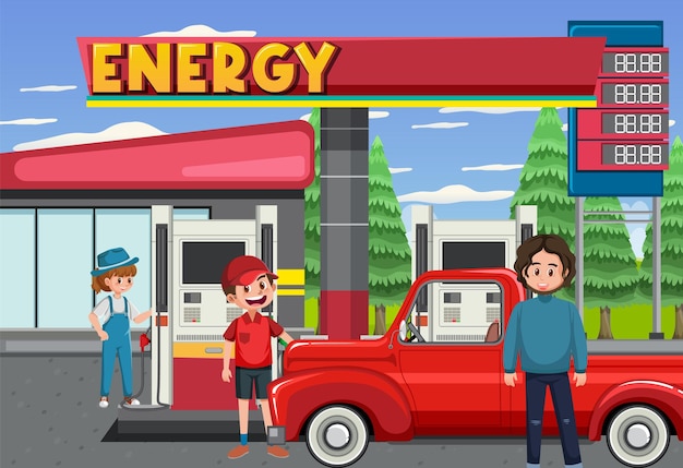 Gas station cartoon scene