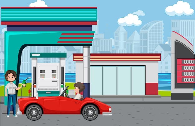 Gas station cartoon scene