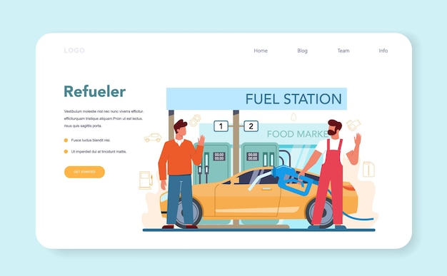 Gas station worker or refueler web template or landing page. Worker in uniform working with a filling gun. Man pouring fuel into car in petroleum station. Isolated vector illustration