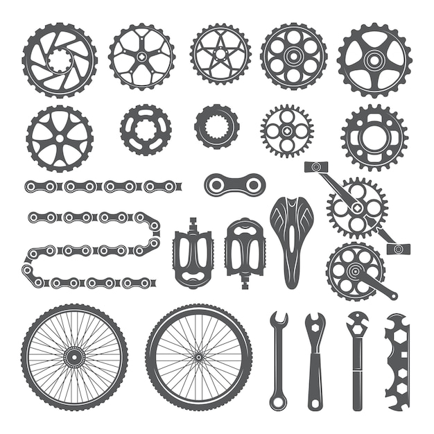 Vector gears, chains, wheels and other different parts of bicycle. bike pedal and elements for cycle biking
