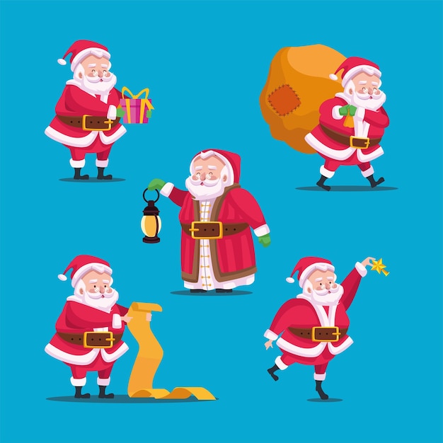 Gelukkig vrolijk kerstfeest bundel van santas karakters illustratie