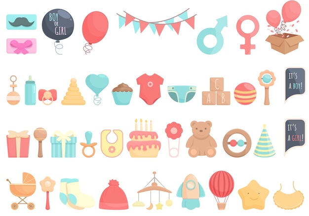 Gender party icons set cartoon vector Reveal baby