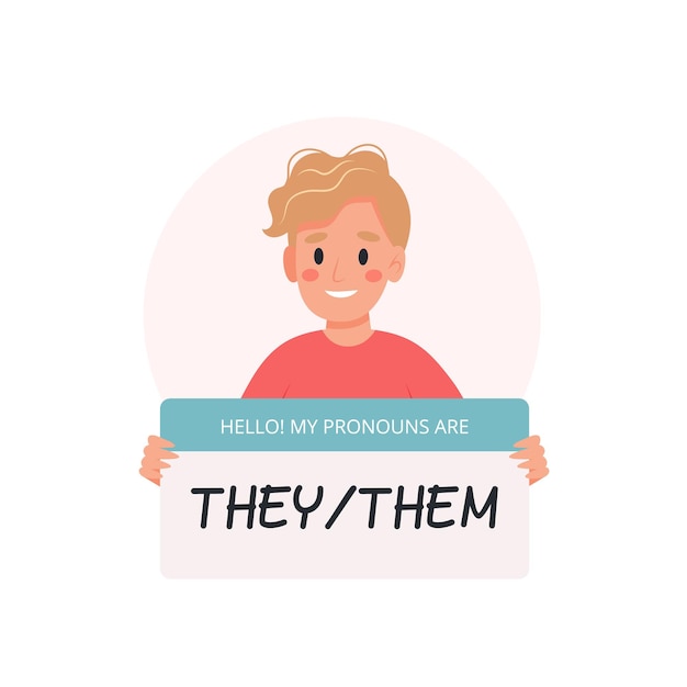 Gender pronouns  nonbinary person holding sign with pronoun character