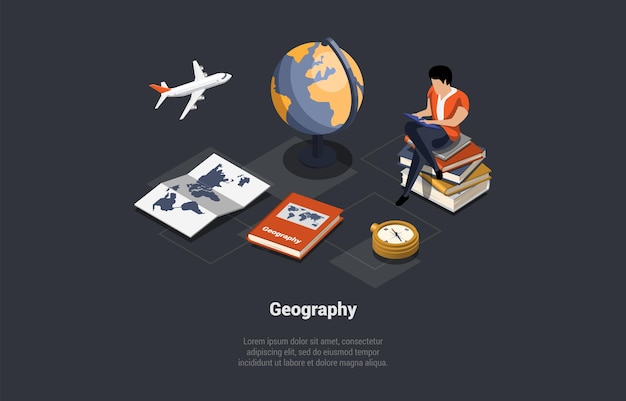 Geography Studying Subject Education And Science Concept Man Sitting Near Huge Globe On Stack Of Books With Geography Textbook And Reading Information Isometric 3d Cartoon Vector Illustration