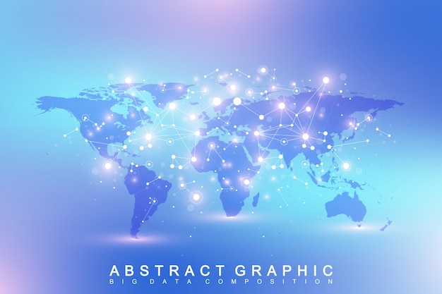 Geometric abstract background with connected line and dots. Network and connection background . Graphic polygonal background with World Map. Scientific   illustration.