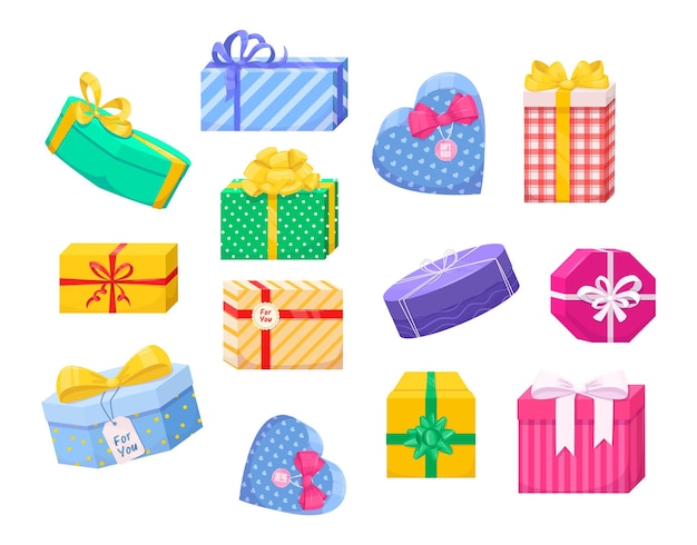 Vector gift box set present wrapped gift box differents shapes with ribbons and bows colorful box