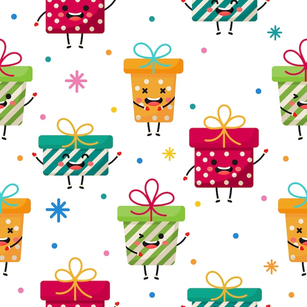 gift boxes characters seamless pattern on white background. 