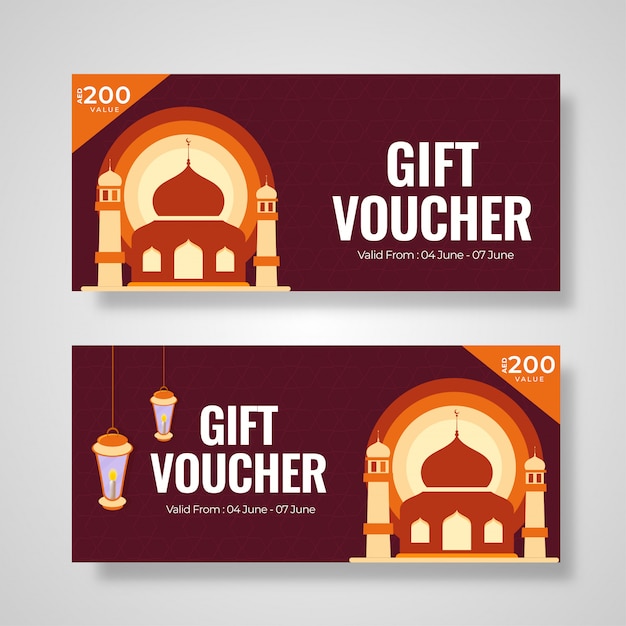 Gift Voucher or coupon layout collection with mosque illustratio