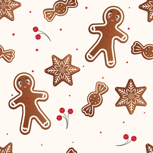 Gingerbread pattern. Festive background with cookies, Christmas tree, candies, gift box