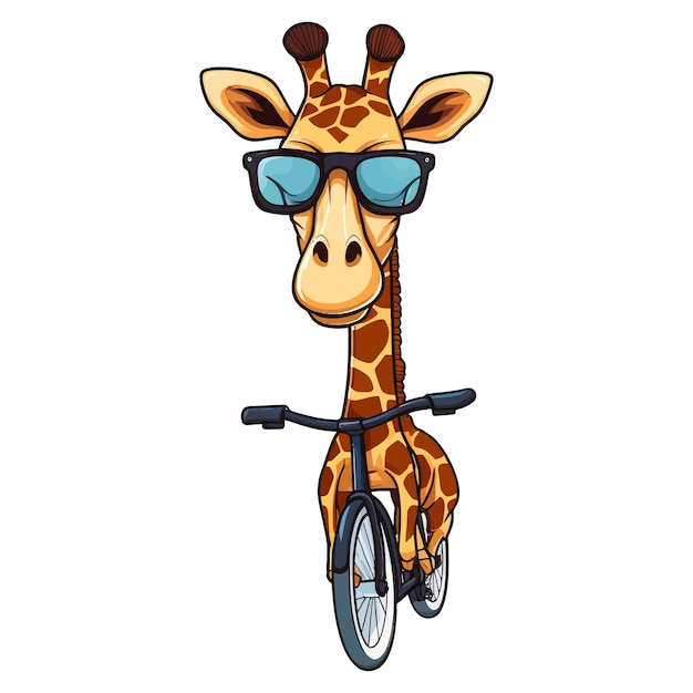 A giraffe with sunglasses rides a bike in an urban setting