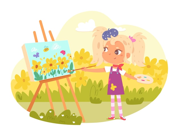 Vector girl artist painting outdoor little child drawing picture of flowers on canvas on easel with brushes watercolours palette