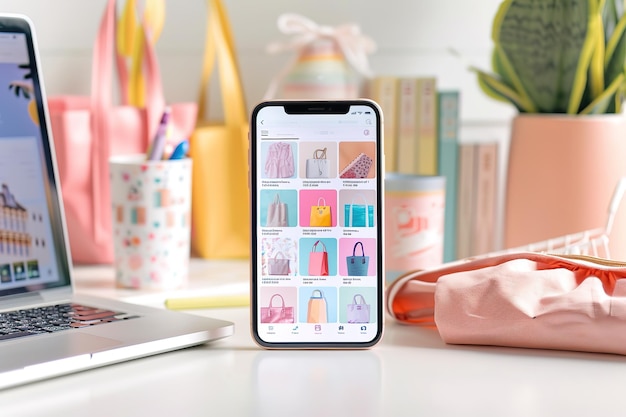 Girl in boutique searching for handbag on her smartphone to buy online