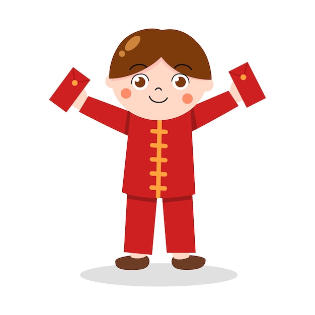 Girl and boy cartoon wearing Chinese outfit and holding red envelope for illustration Happy Chinese New Year