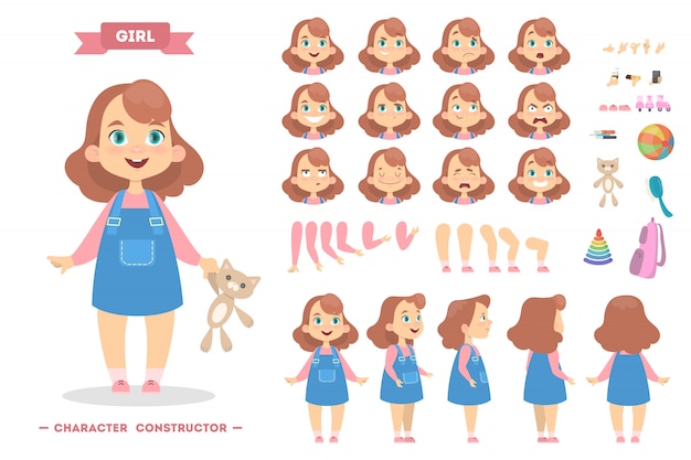 Vector girl character set with poses and eothions.