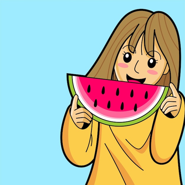 Girl eat watermelon illustration