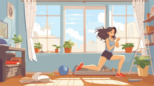 Vector girl exercising in room illustration for fitness and health concepts