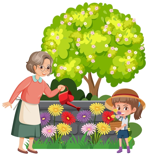 Vector a girl and grandmother gardening