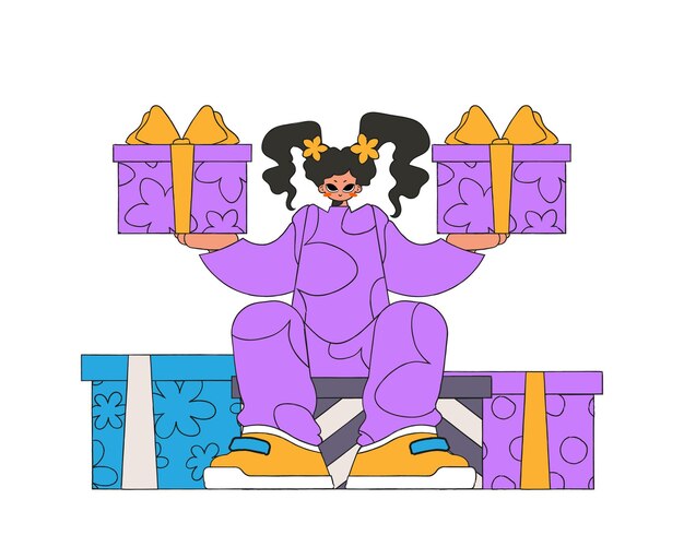 Vector the girl is holding gifts a woman sits on gift boxes holiday surprise concept style 80s and 90s