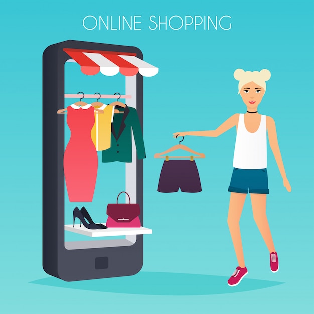 Girl make shopping online from phone. Sale. Flat design modern illustration concept.