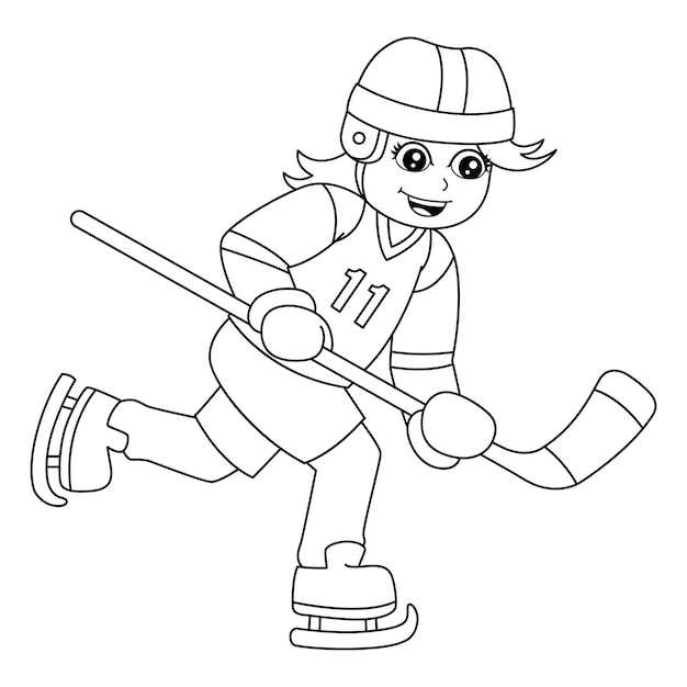 Girl Playing Hockey Coloring Page Isolated