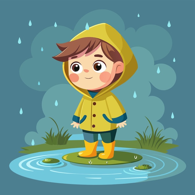 Vector a girl in a raincoat stands in a puddle with raindrops on it