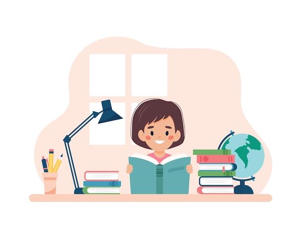 Vector girl reading a book sitting at a desk. vector illustration concept in cartoon style