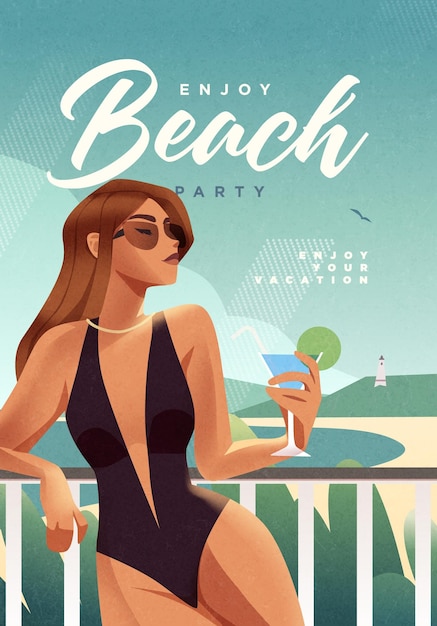 Girl relaxing on the beach Summer vacation poster or flyer design template with sexy female