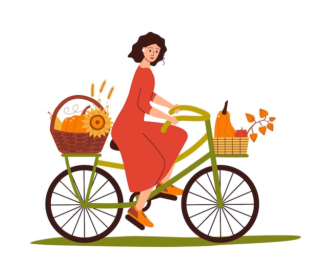 Girl rides bicycle with harvest in basket harvest of autumn vegetables