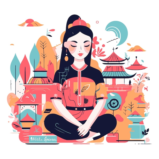 Vector girl sitting in lotus position on the background of the chinese temple