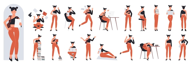 Vector girl student poses set actions and gestures of young female character with books