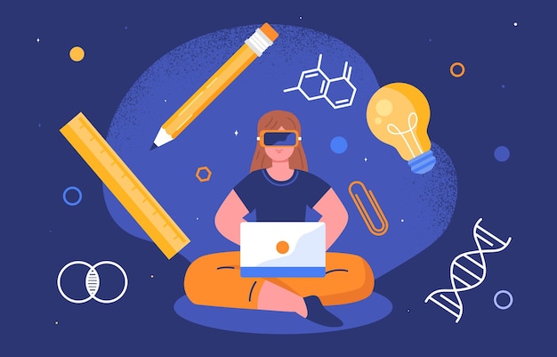 Girl student in vr glasses concept Woman in virtual reality with laptop Modern technologies and innovations Distance education learning and training Cartoon flat vector illustration