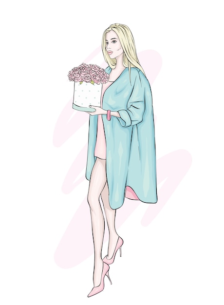 Girl in a stylish coat and with a bouquet of flowers.