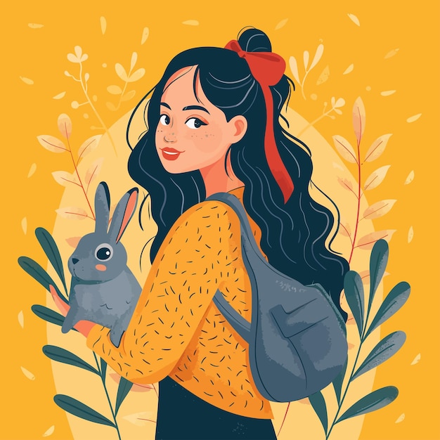 Vector a girl with a backpack and a rabbit on her back